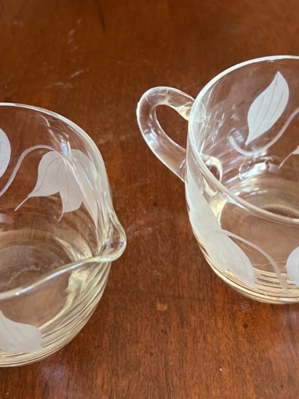 Creamer & sugar clear glass w/ etched flowers Vintage Princess House? Duncan?
